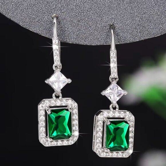 18k White Gold Emerald Green Diamond Earrings Dangle Drop Earrings - Picture 7 of 7